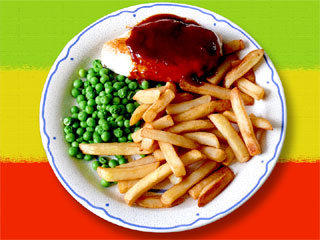 chicken breast, chips, peas and reggae reggae sauce