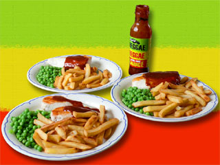 chicken breast, chips, peas and reggae reggae sauce